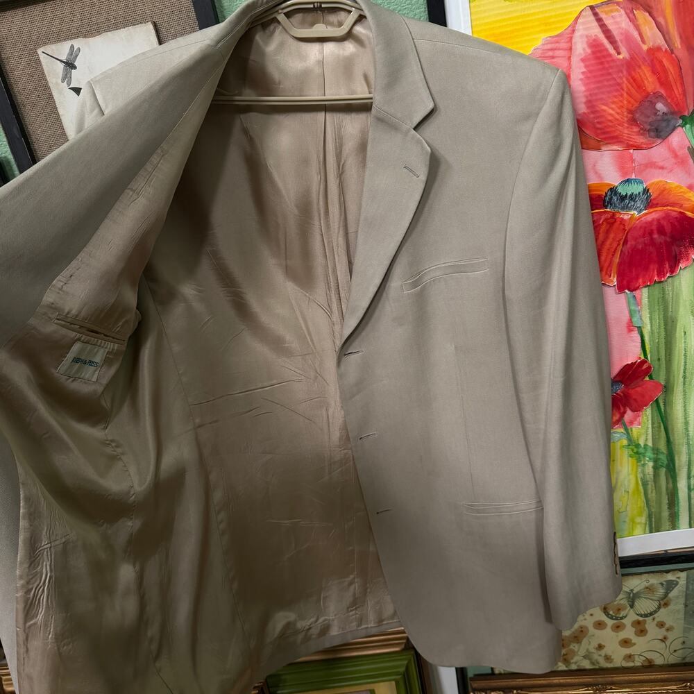 Joseph & Feiss Blazer Mens 44L Tan Herringbone 100% Silk Grandpa Core Sport Coat